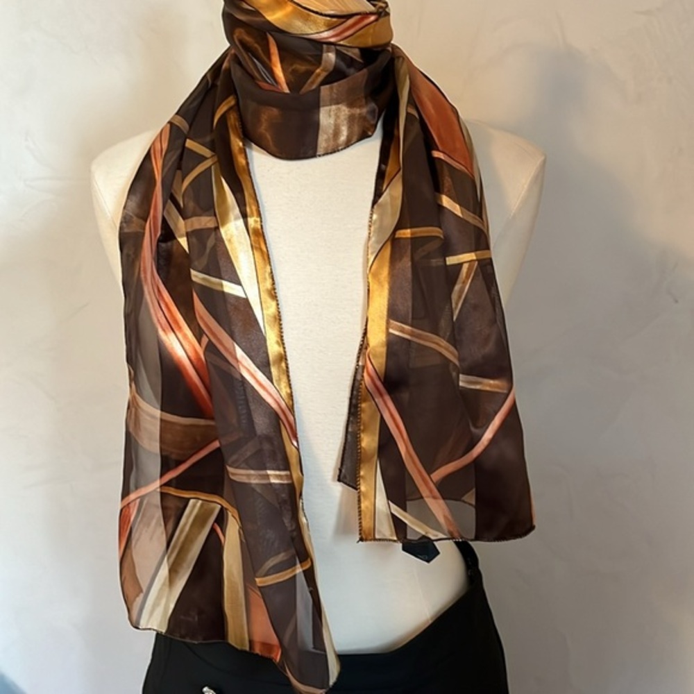 Bohemian Fall Brown,Gold & Orange Scarf  for head or neck 13”wide & 60” long